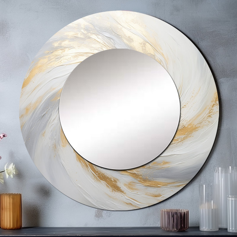 Vortex II doré doux et or - miroir spirales abstraites, miroir mural rond beige unique, impression sur métal, 36 po x 36 po