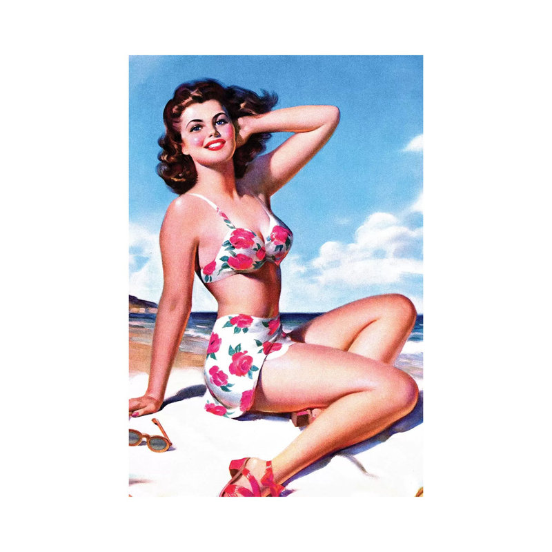 «Full Bloom Bikini Seaside Pin-up» par Piddix - impression sur toile tendue, H 18 po x l 12 po x 1,5 po