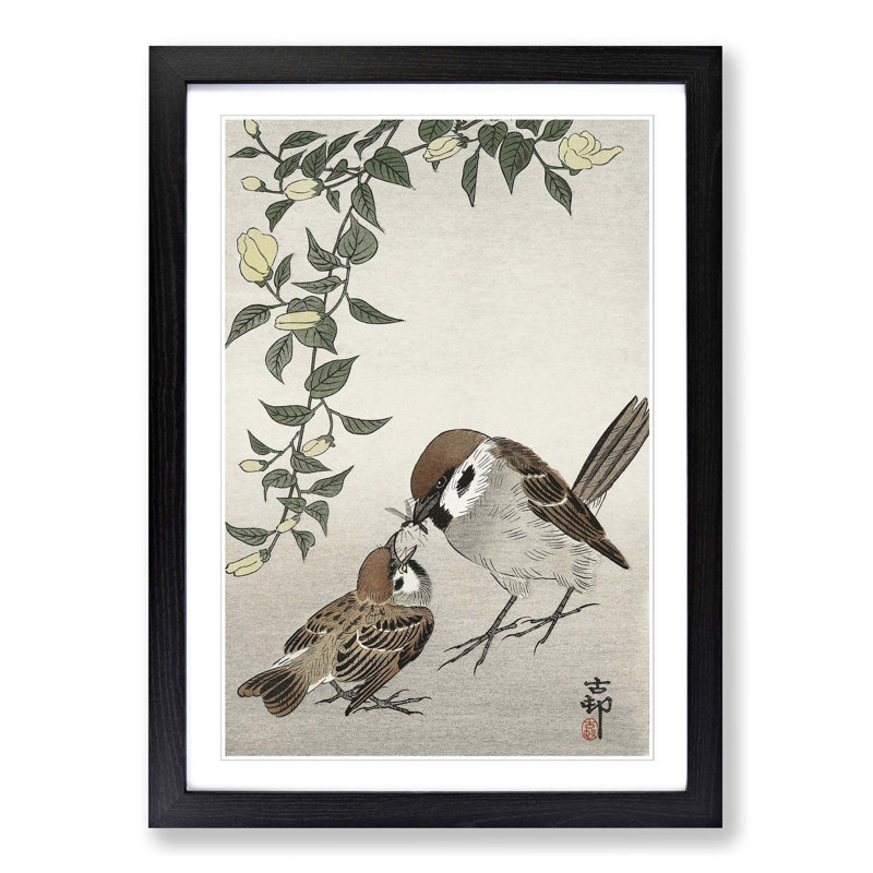 Sparrow Birds and Plants by Ohara Koson - Picture Frame Painting Print, Black Framed, 48cm H x 36cm W x 2cm D