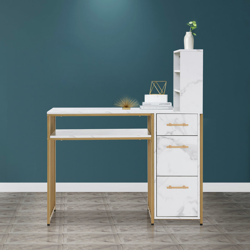 Trea 42.5'' Vanity Makeup Desk with Open Shelves and Drawers, Manicure Desk with Metal Frame