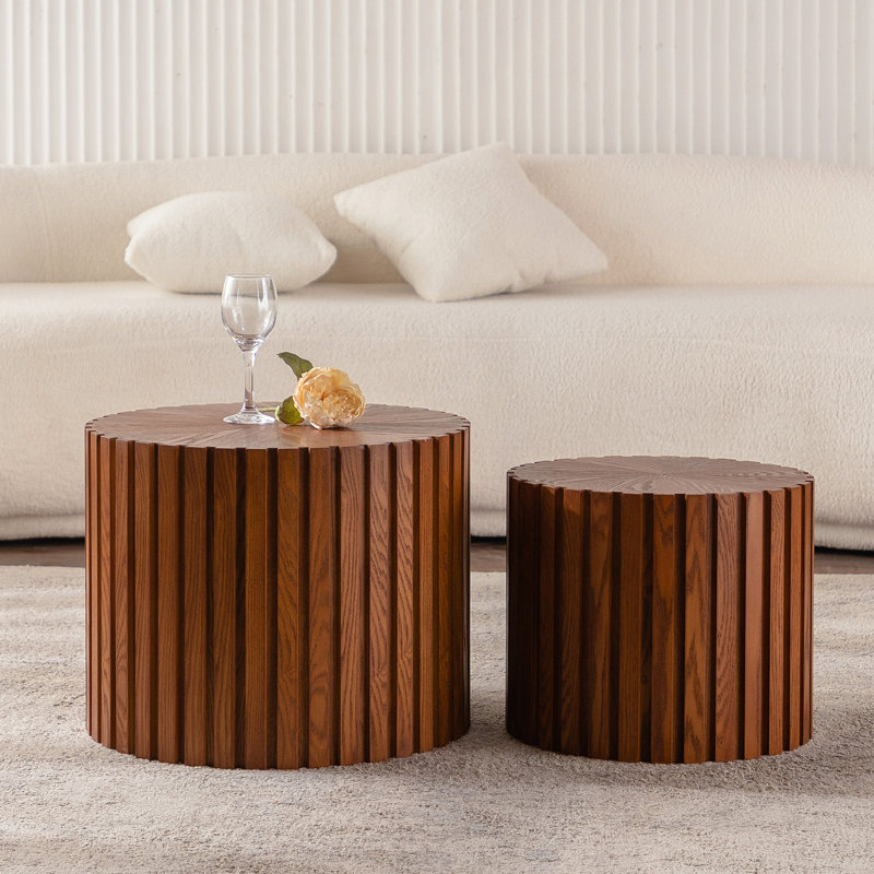 Wave Stripe Round Nesting Coffee Table Set, Beige White, 15.75" H x 47.25" L x 47.25" W