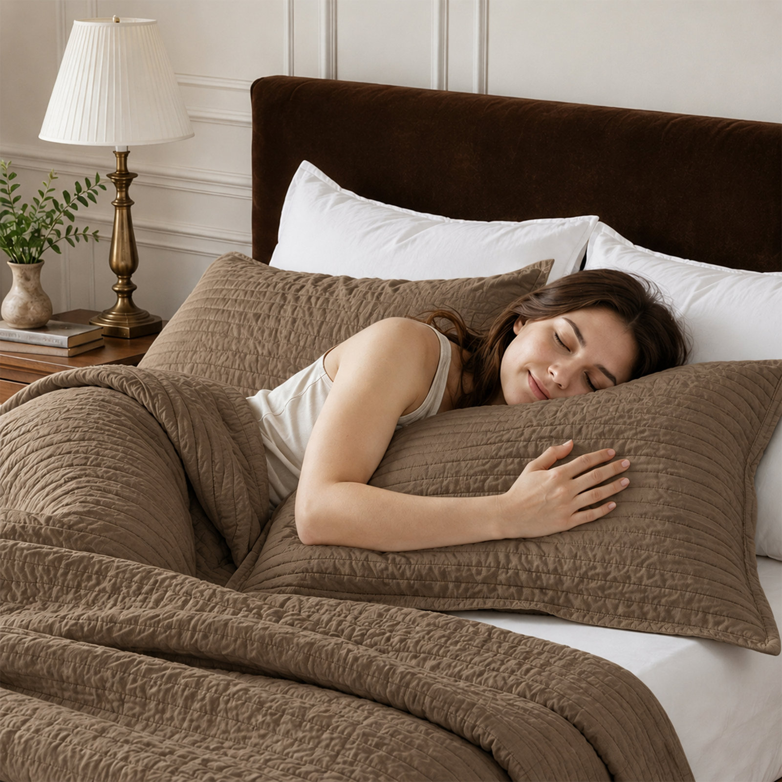 100% French Linen Channel Quilted Breathable Quilt Set With Shams, Queen Quilt + 2 Standard Shams, Cocoa
