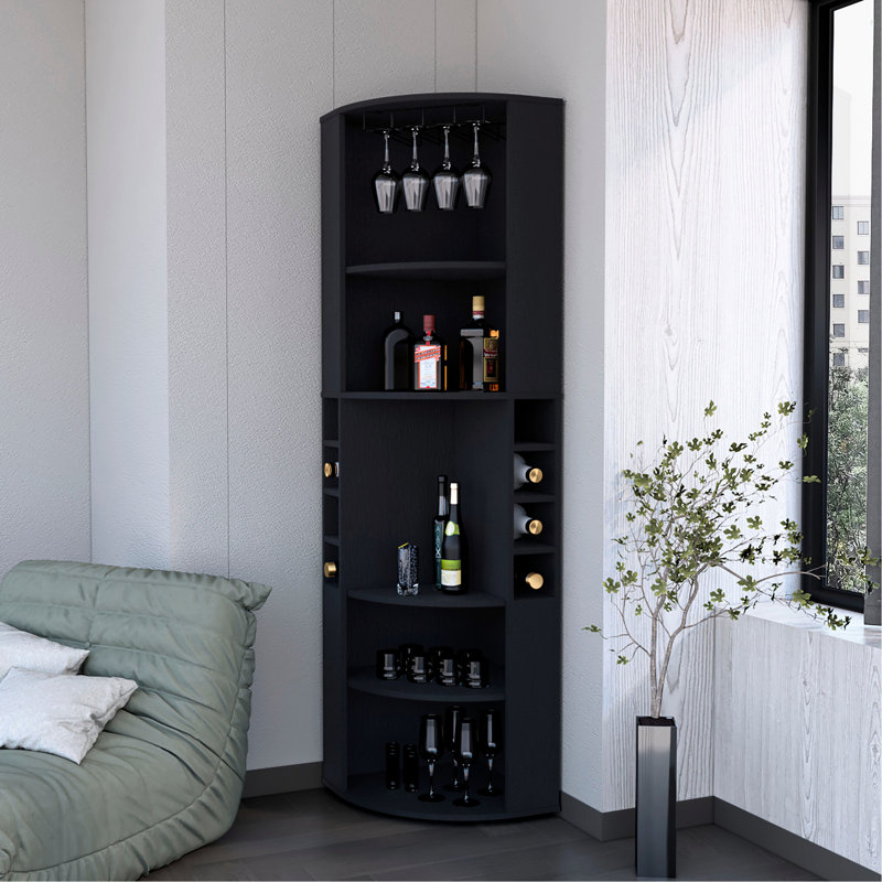Black 5-Shelf Corner Bar Cabinet - Ample Storage For Liquors, Wood Construction, Enhances Living Room Ambiance Stores Wine Bottles & Essentials, Wood, Fits Corners,
