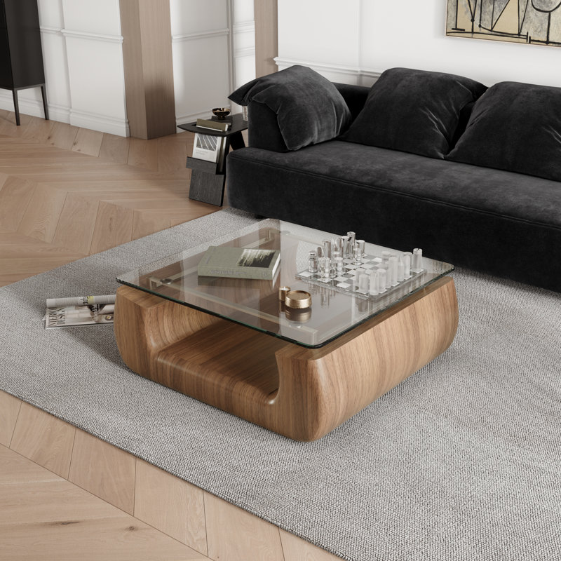 42.52" Square Curved Solid Wood and Glass Coffee Table With Drawer,Full Assembly