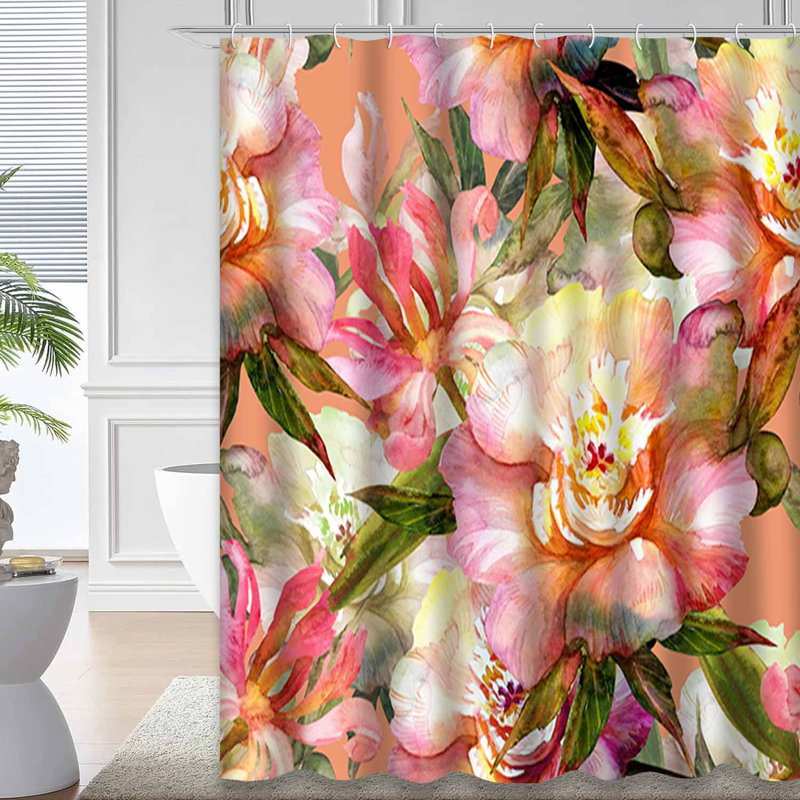 Tissu rose rétro avec 12 crochets, pivoines et aquarelle, L 72 po x l 84 po