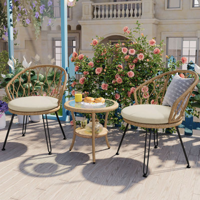 Chaises de patio pour 2 personnes en osier avec coussins et table ronde en verre, ensemble de conversation en osier / rotin 3 pièces, ensemble d'extérieur en rotin U_STYLE pour patio, cour arrière, balcon, jardin
