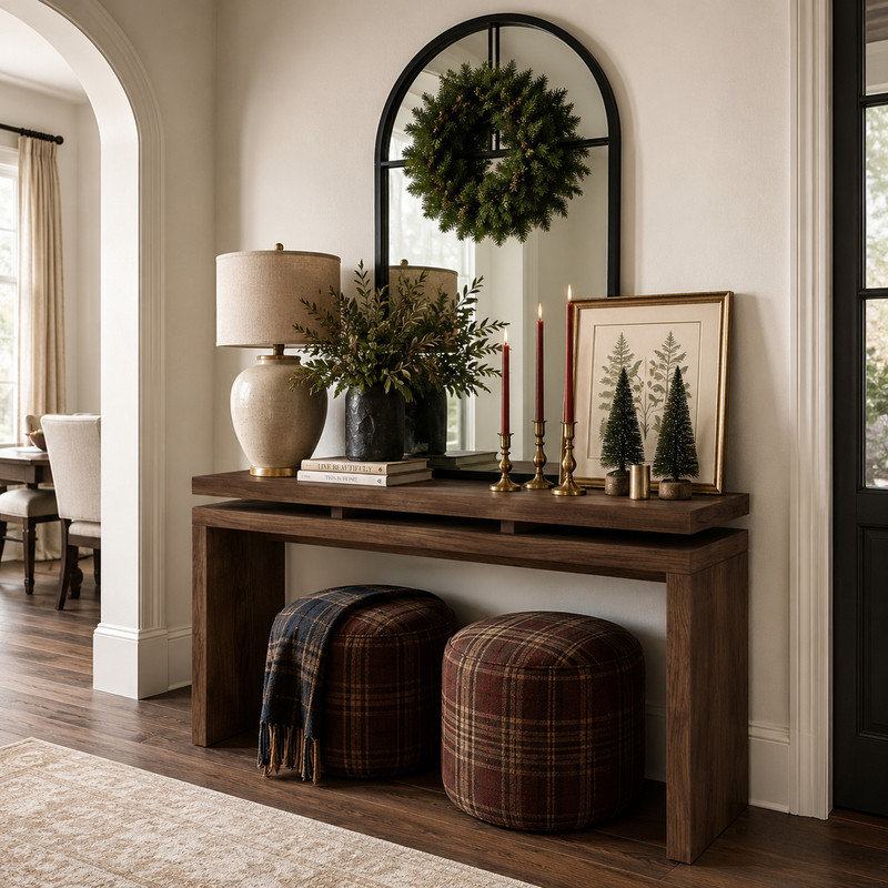 60'' Antique Brown Farmhouse Console Table - Retro Wooden Entryway Table with Double Board Suspension Design, Solid Wood & MDF