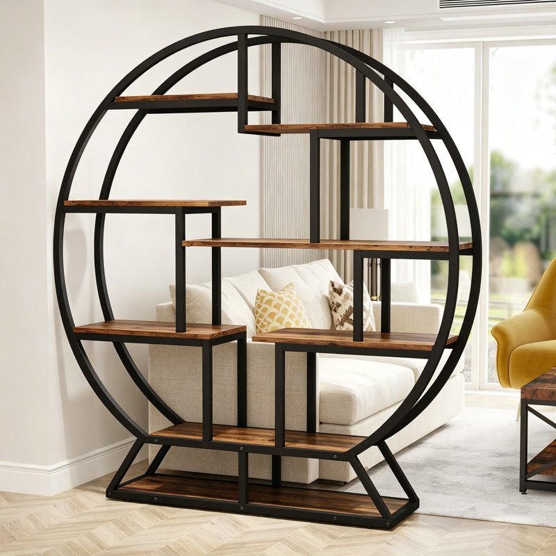 Bibliothèque 63 pouces ronde industrielle avec tablettes décalées, bibliothèque en bois rustique et étagère ouverte pour le salon, le bureau, la décoration intérieure, brun rustique