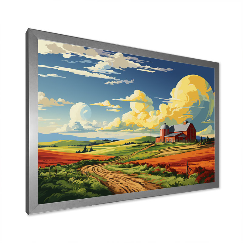 Minimaliste Indiana Barns Countryside II - Barns, art mural, Cadre de coin argenté fermé, H 16 po x l 32 po x P 1 po