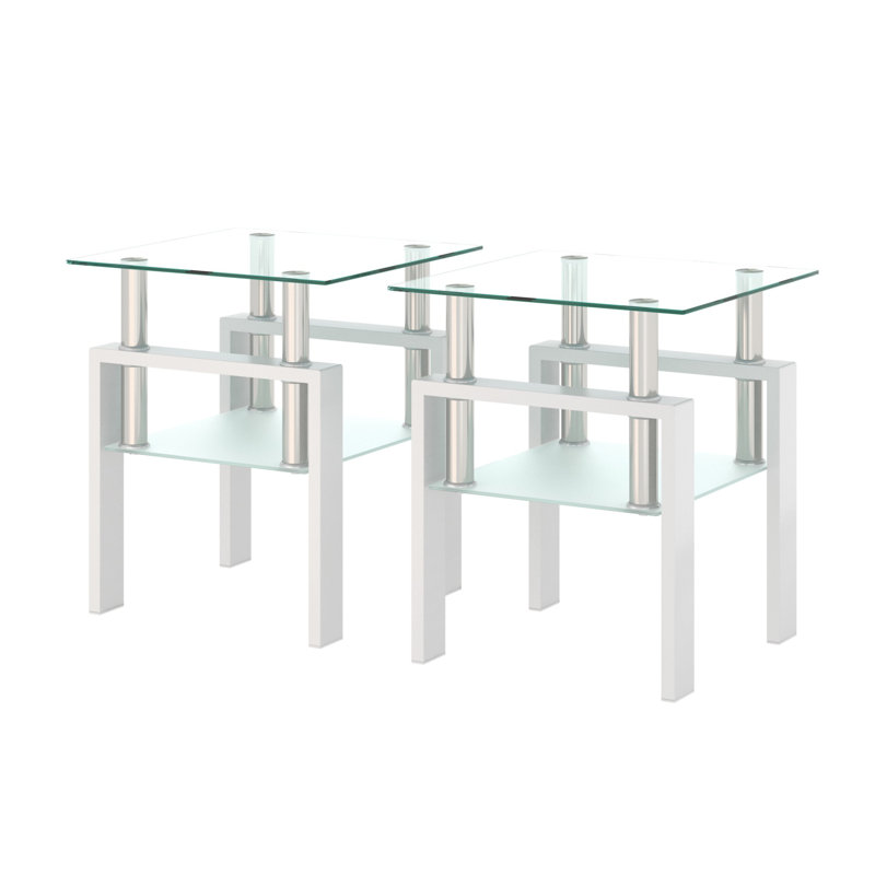 Glass Tea Table Coffee Table End Table, Square Table for Living Room, Clear, White