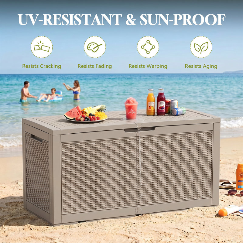 Coffre de terrasse verrouillable 130 gallons avec siège 130 gallons, Marron clair