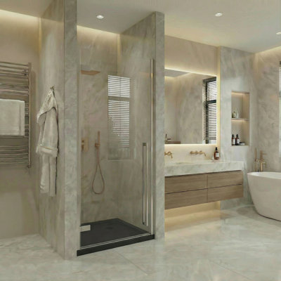 Porte de douche pivotante réversible en chrome 33,9 po à 34,3 po x 79 po avec verre trempé transparent et base de douche en acrylique noir lustré de 36 po Drew