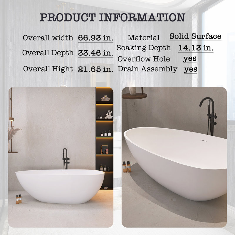 67'' Matte White Solid Surface Freestanding Soaking Bathtub