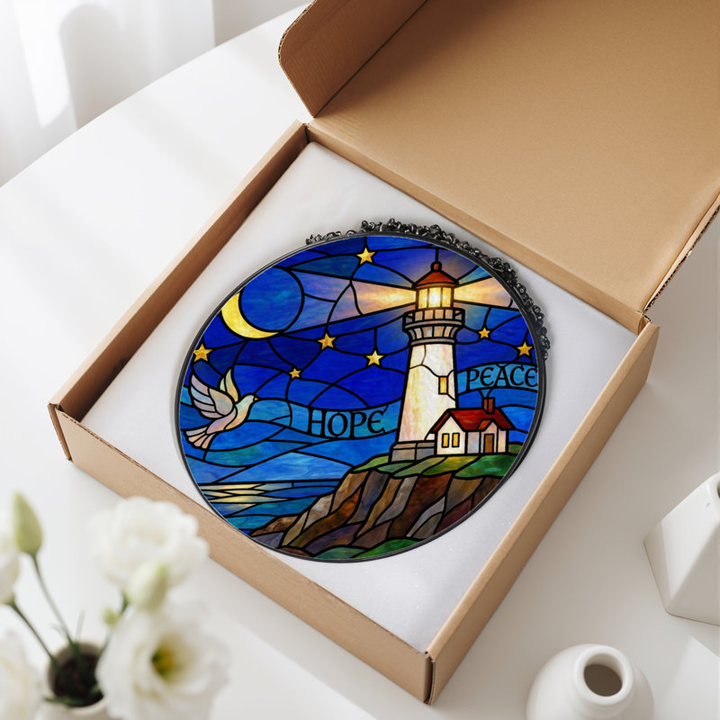 7.8"H Lighthouse Peace Stained Glass Window Panel, 7.8" H x 7.8" W