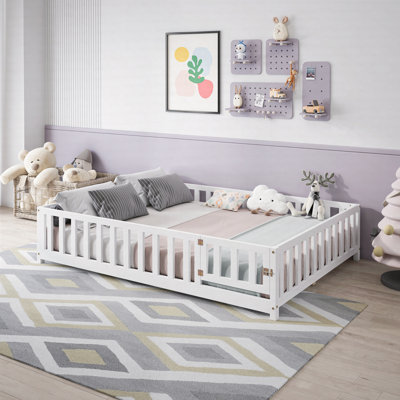 Full Size Floor Platform Bed With Support Slats And Fence For Kids by Harriet Bee