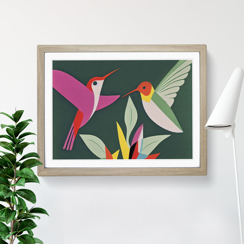Hummingbirds Abstract - Single Picture Frame Print, 25cm H x 34cm W x 2cm D, Oak