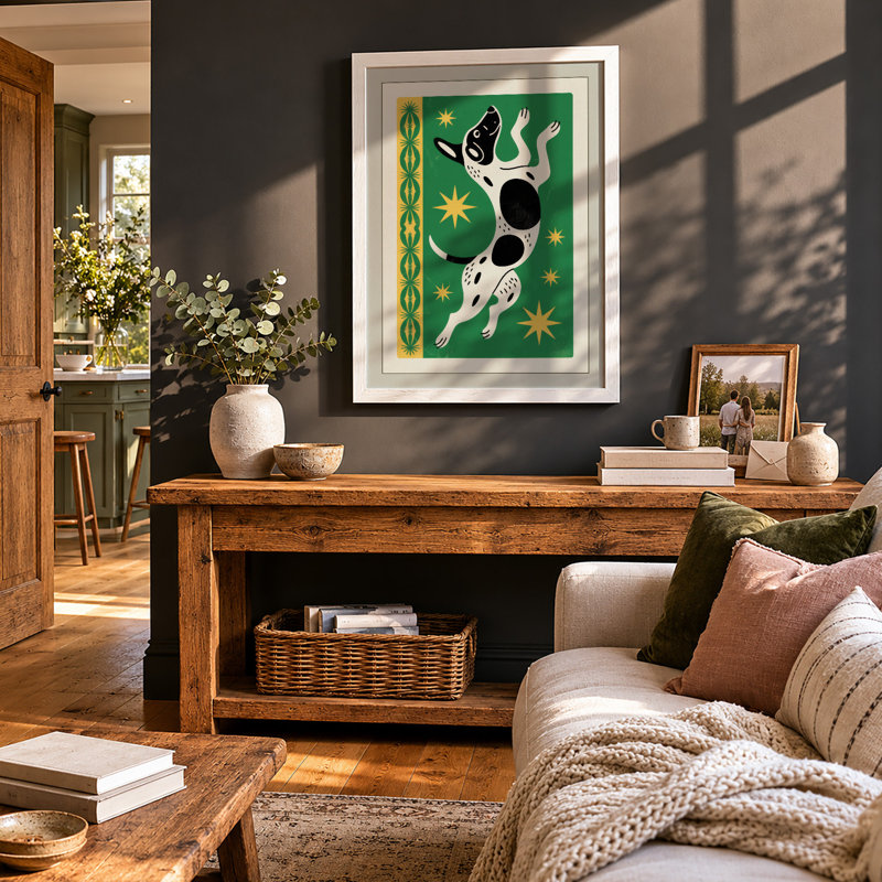 Leaping Cow In Green Geometric - Print, A2 - 59.4 x 42.0 cm, White
