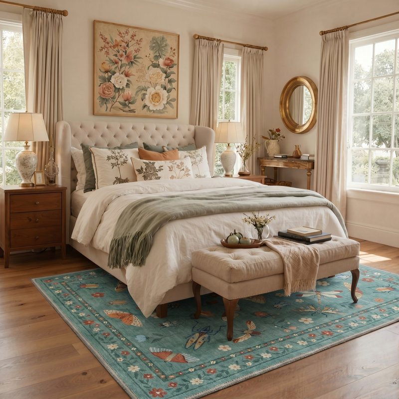 Tapis bleu lavable à la machine Vintage Butterfly, Rectangle 9' x 12'