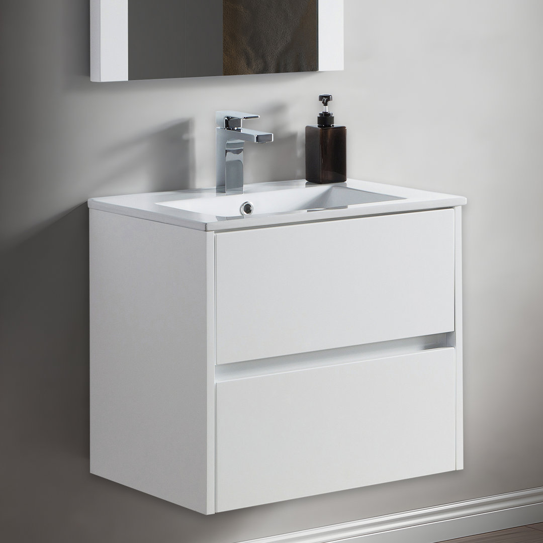 Blossom Valencia 24'' Wall-Mounted Single Bathroom Vanity with Ceramic Sink – All-Wood Floating Cabinet with 2 Soft-Close U-Shaped Drawers Blossom Base 