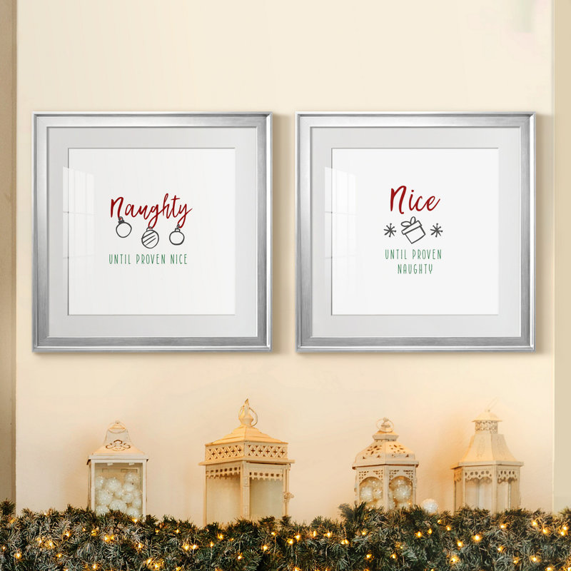 Naughty - ensemble de 2 reproductions d'art textuel, H 17,5 po x l 35 po x P 1,5 po, Papier avec cadre argenté, Blanc