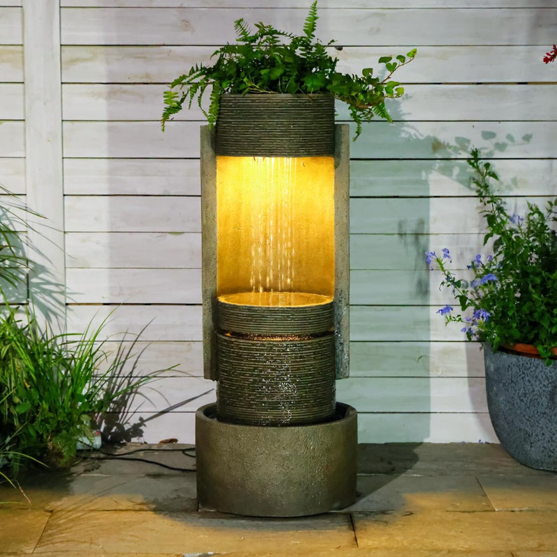 Modern Tiered Column Cascading Water Fountain with LED Lights & Planter, 33" Tall Resin Outdoor Water Feature for Garden Patio Decor