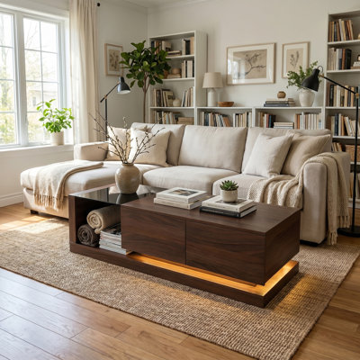 Culver 59.1'' Modern Walnut Coffee Table With 2 Drawers And LED Light