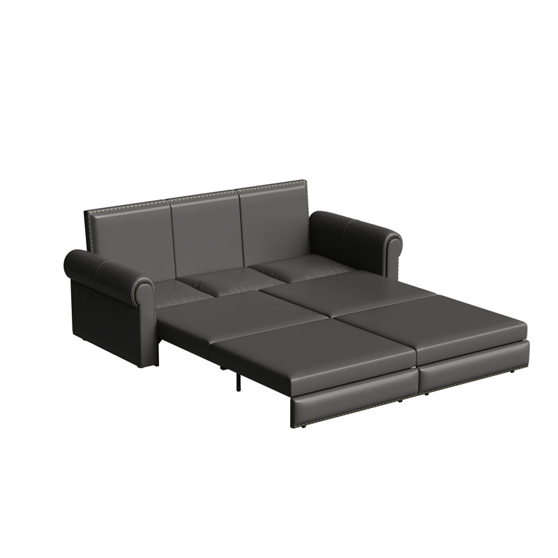 Lit convertible 3 en 1 en similicuir gris, 238 cm (93,7 po) avec garniture cloutée, idéal pour les salles de billard, les ateliers de menuiserie et les espaces de détente.