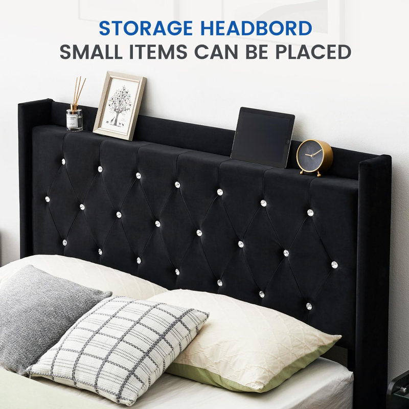 Floating Bed Frame With LED Lights, Upholstered Bed Frame With Headboard And Storage, Queen