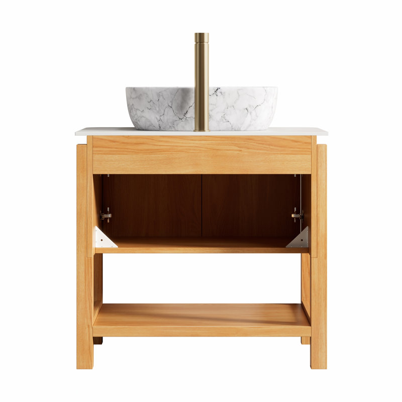 Meuble-lavabo de 30 pouces avec portes en bambou texturé, plateau en pierre frittée et lavabo en céramique