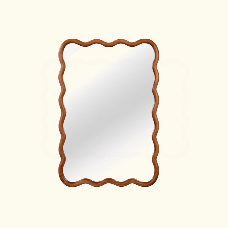 Yellowish Brown Wavy Rectangle Solid Wood Frame Decorative Mirror, Yellowish Brown, 30" x 20"