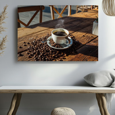 Canvas A Steaming Cup Of Coffee Sits On A White Saucer Wall Art Surrounded By A Generous Scatter Of Dark Glossy Coffee Beans For Canvas Wall Art