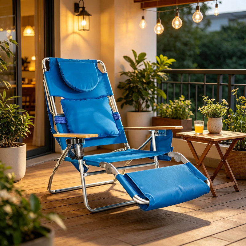 Deluxe 3-In-1 Lightweight Lawn & Beach Reclining Lounge Chair With Footrest, Outdoor Patio Furniture For Balcony, Backyard & Porch, Blue