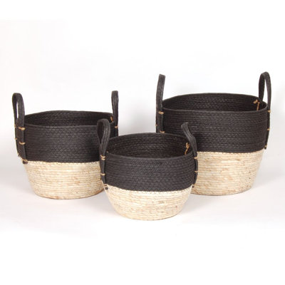 ENSEMBLE DE 3 PANIERS EN PAILLE NOIR/NATUREL