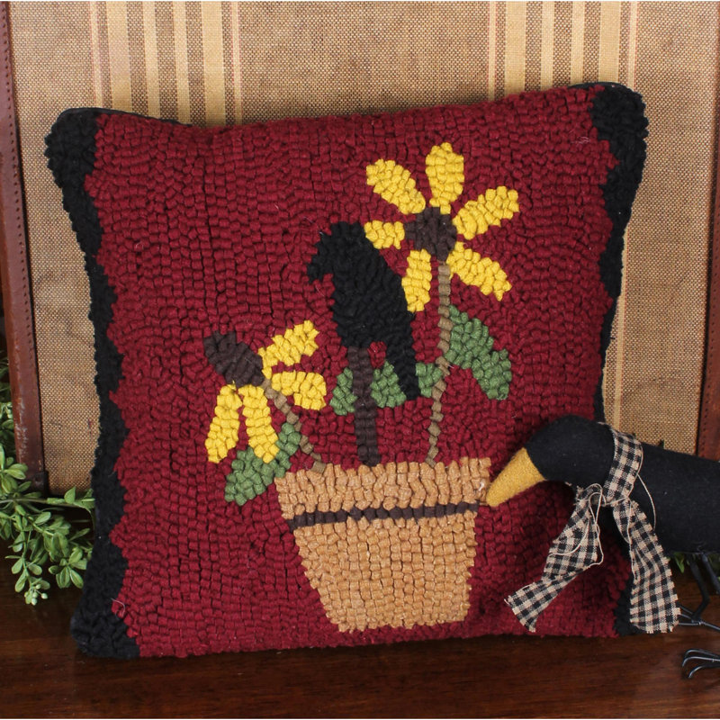 Black Red Wool Hooked Reversible Throw Pillow