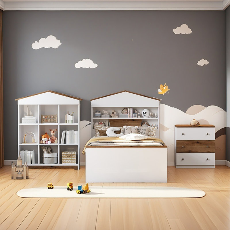 3-Pieces Bedroom Sets, Twin Size House-Shaped Wooden Bed With Storage Drawers, Nightstand With Colorblock Design And House-Shaped Stroage Rack