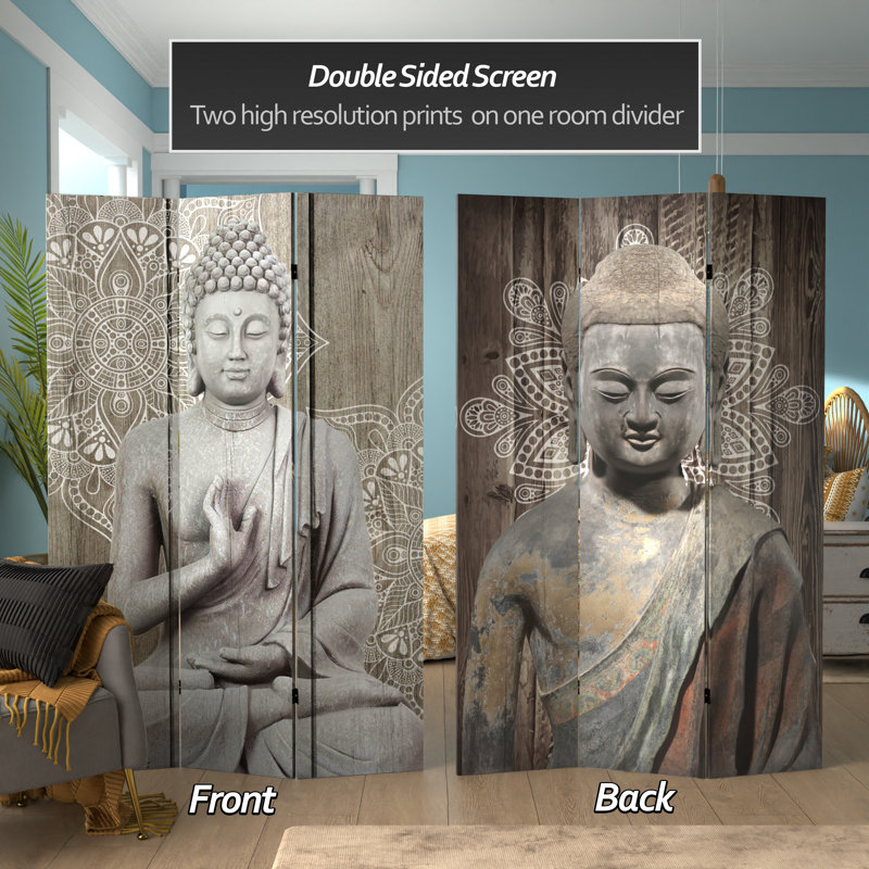 Buddha Art Canvas Folding Room Divider, Gray