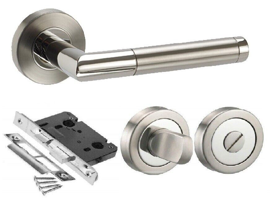 Golden Grace Mitred Modern Door Handles on Round Rose in Duo Chrome Finish Bathroom Set with Thumbturn