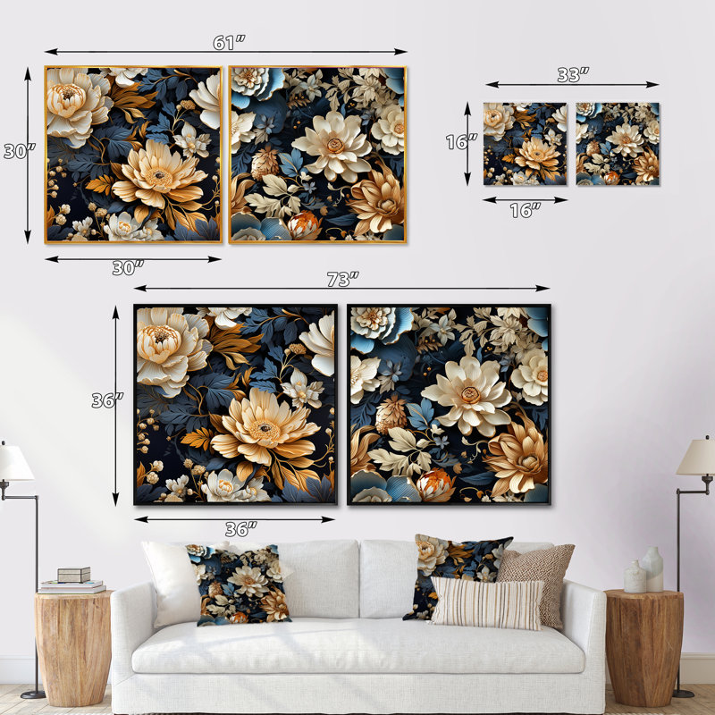 Hartle - Ensemble de 2 collages carrés floraux, H 16 po x l 33 po, Cadre flottant brun
