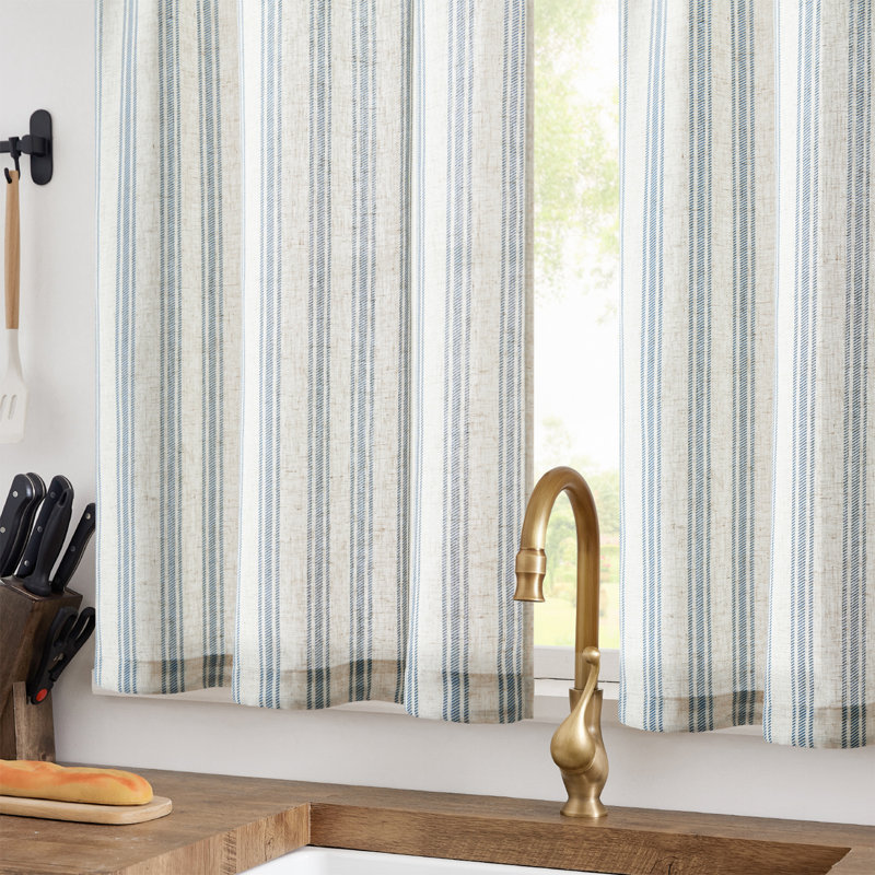 Rideaux de cuisine à rayures rayées, L 26 po x L 36 po, Bleu sur beige