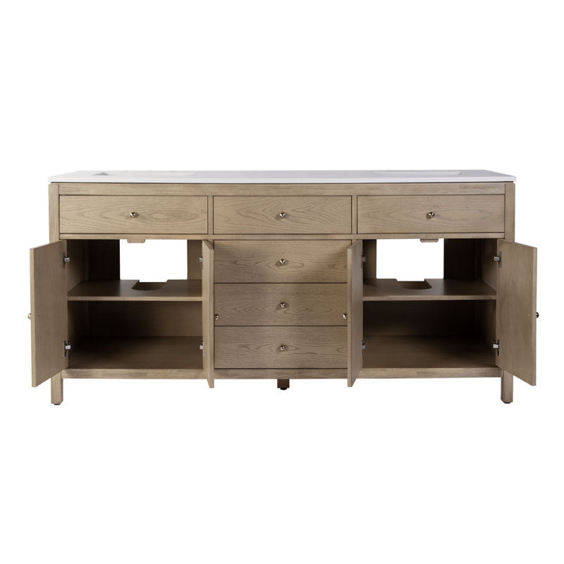 Nora 72 in. W Quartz Double Sink Bathroom Vanity Set, Light Oak