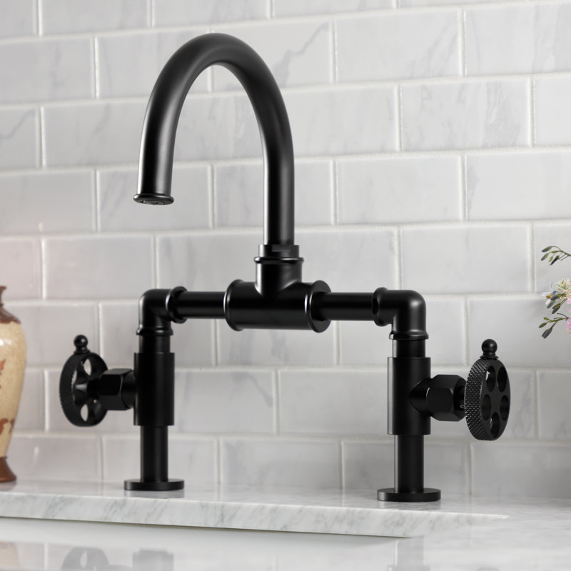Kingston Brass Webb Two-Handle 2-Hole Deck Mount Bridge Bathroom Faucet with Knurled Handle and Push Pop-Up Drain, Black