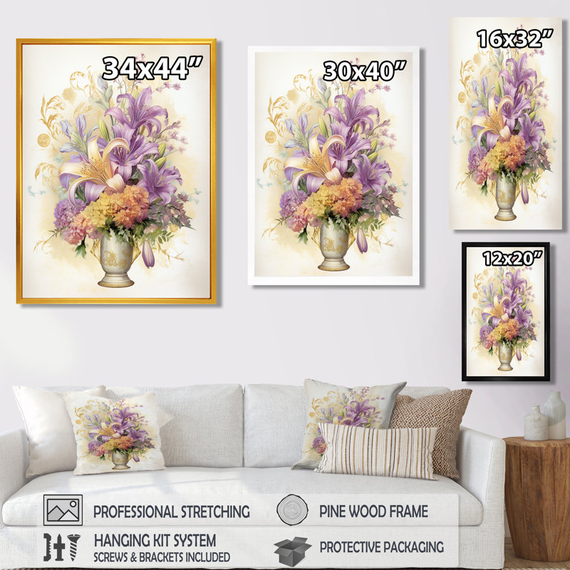 Nature morte avec des lys mauves dans un vase - Assortiment de bouquets d'art mural, Toile avec cadre flottant noir
