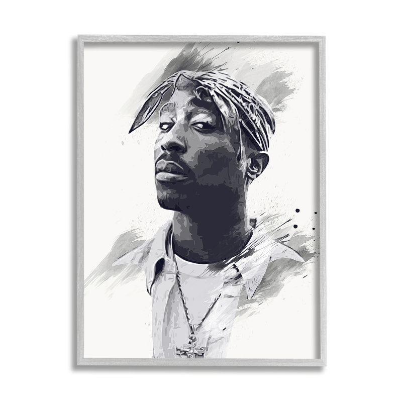 Tupac, portrait moderne, motif abstrait noir et blanc, cadre flottant, impression, H 30 po x l 24 po x P 1,5 po