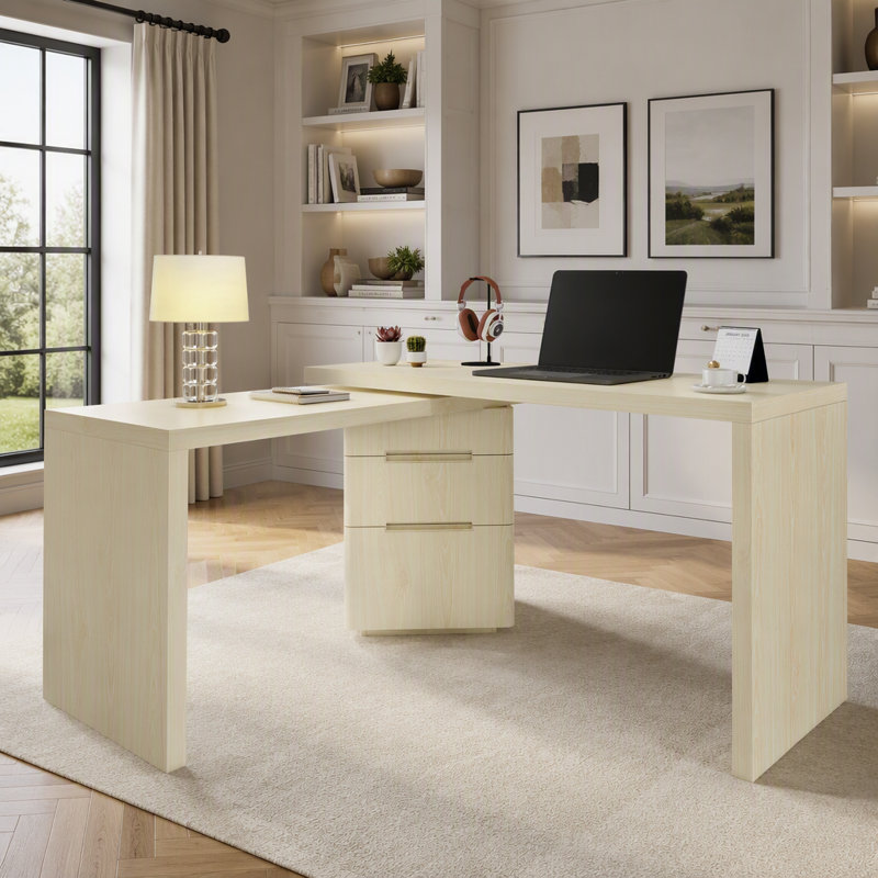 Bureau de direction pivotant moderne en forme de L de 90 pouces avec 3 tiroirs, idéal pour la maison et le bureau
