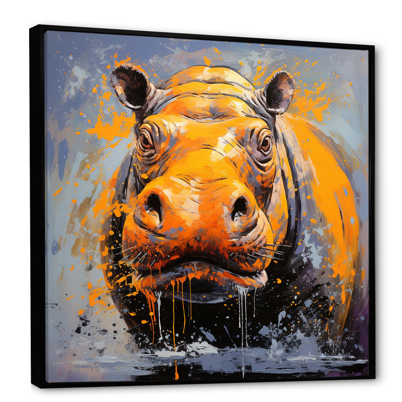 Art mural jaune hippopotame jaune - Hippopotame, Cadre flottant noir, 16" H x 16" W