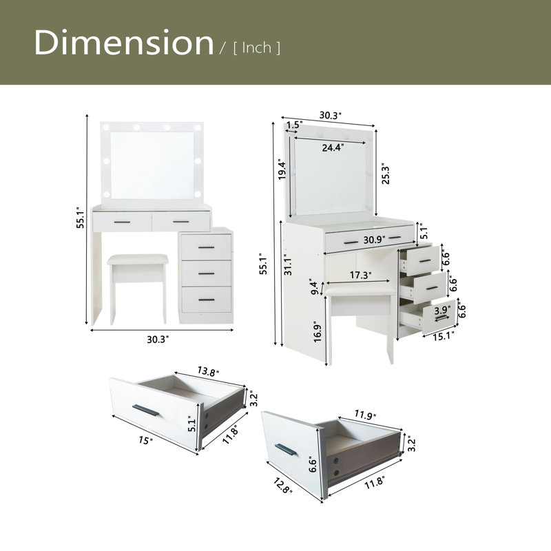 White Color Adjustable Dressing Table With 4 Drawers