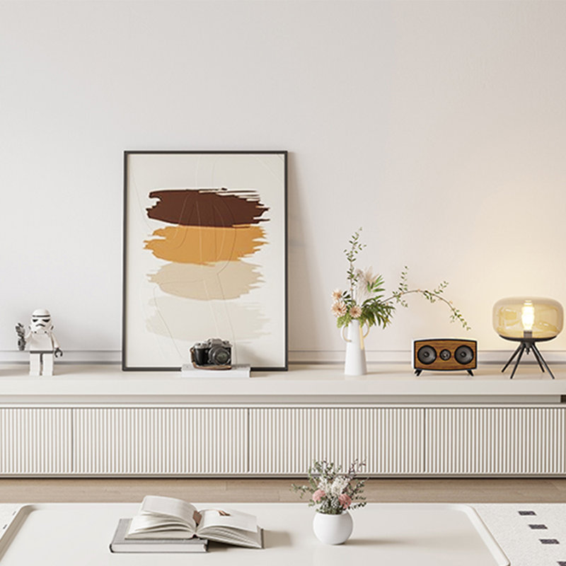 Meuble télé spacieux avec peinture pour piano à plusieurs tiroirs, Blanc / Crème, 94.49"