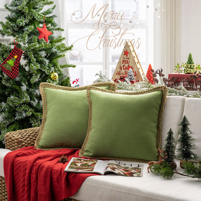 Green Linen Embroidered Farmhouse Throw Pillow Set