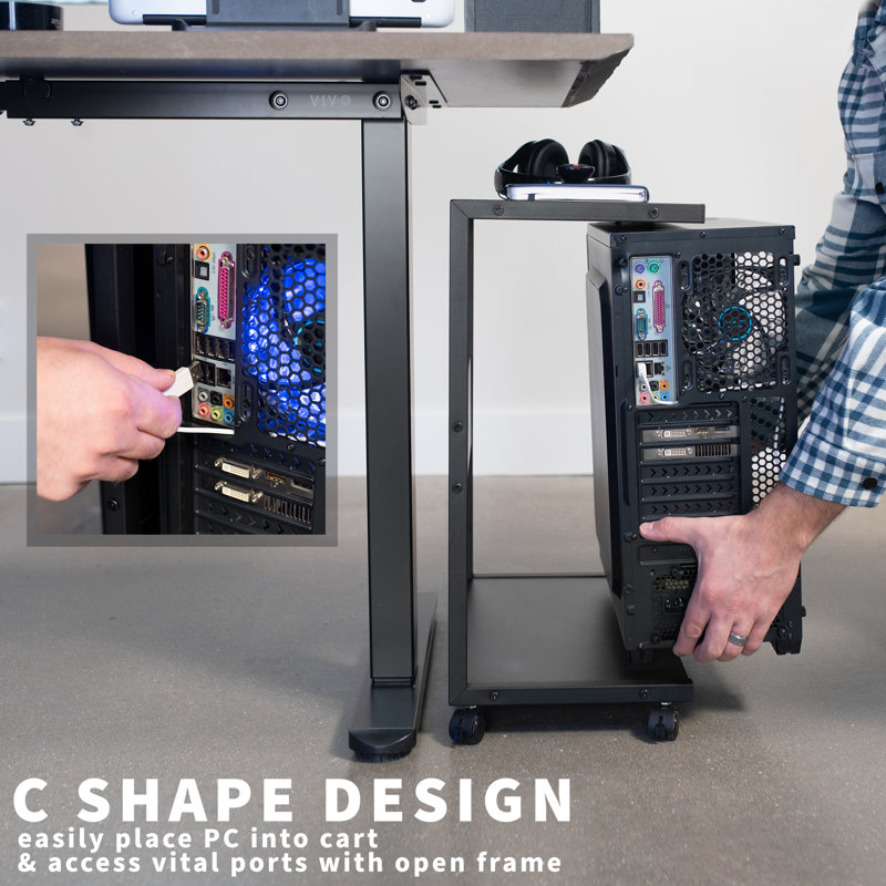 Black Steel Mobile PC Cart with Storage and Wheels