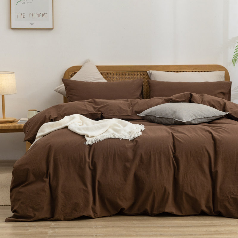 BESTOUCH Duvet Cover Set 100% Washed Cotton Linen Feel Lightweight, King Duvet Cover + 2 King Pillowcases, Cocoa Brown